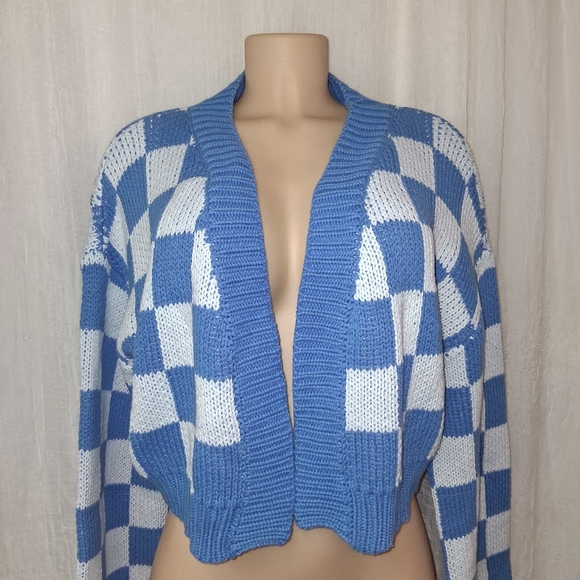 Blue Blush Blue and White Checkered Cardigan Women Size L - Picture 5 of 16